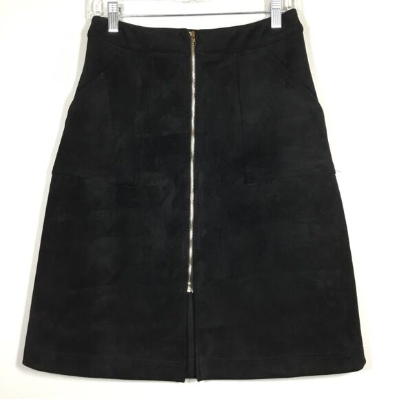 Black suede feel a-line skirt with gold tone zipper oversized pockets size S - Picture 1 of 9